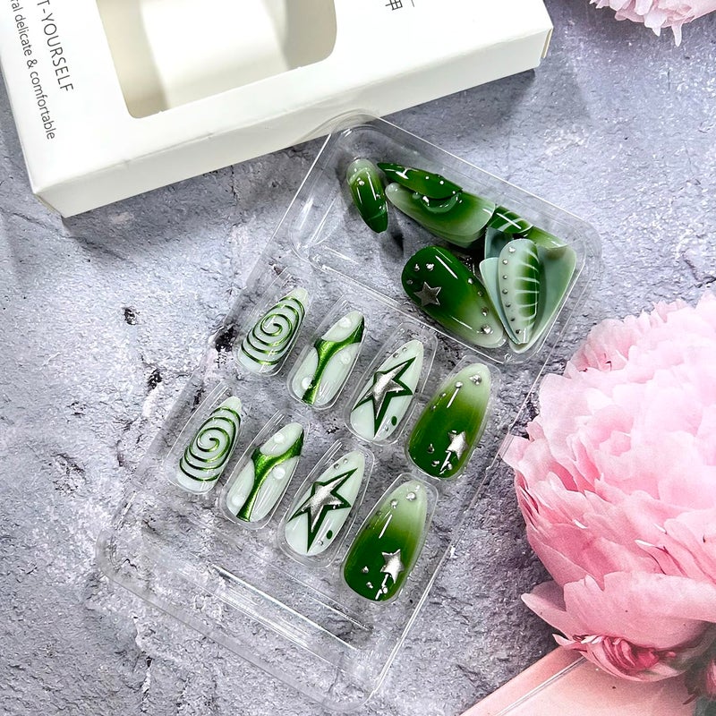 CJDLTS Press on Nails Medium Almond Shaped Artificial Acrylic Nails French 3D Gradient Silver Star with Steel Balls Stick on Nail Full Cover Glue on Nail Artificial Fingernails for Women Manicure - Image 4